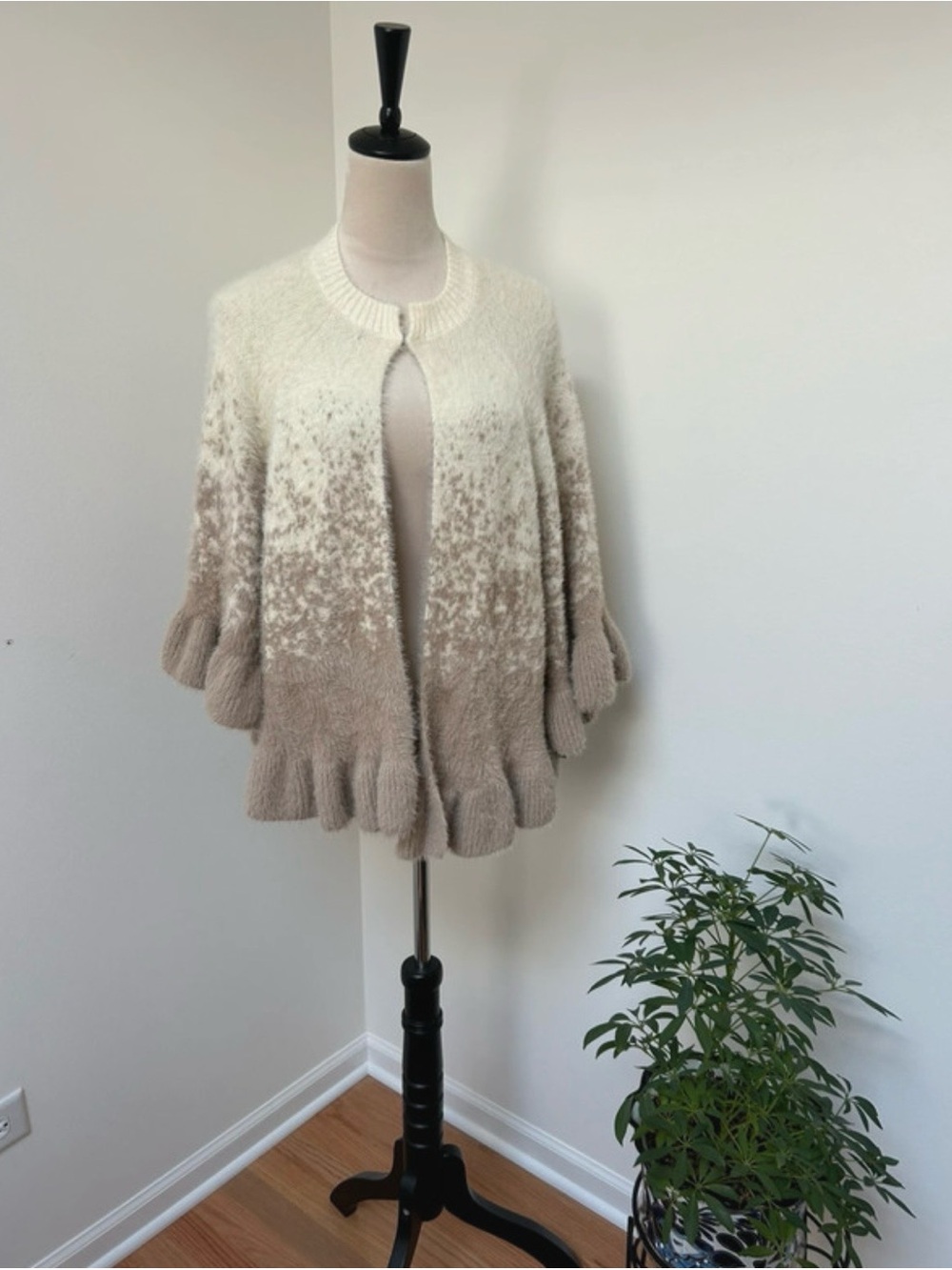 Ombre Cream to Beige Ruffle-Hem Knit Shrug
